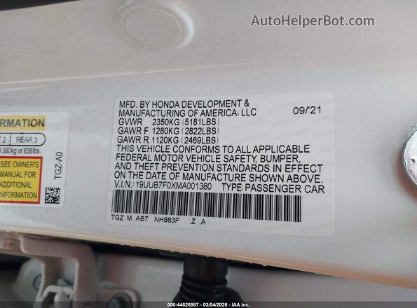 19UUB7F0XMA001380 2021 ACURA TLX Белый Вид подкапотного пространства