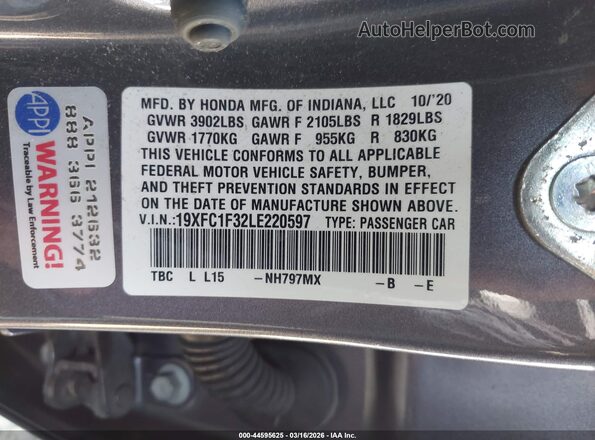 19XFC1F32LE220597 2020 HONDA CIVIC Gray Widok komory silnika