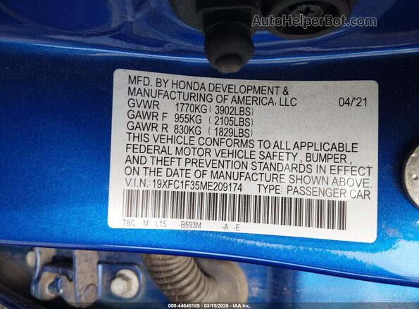 19XFC1F35ME209174 2021 HONDA CIVIC Blue ძრავის განყოფილების ხედი