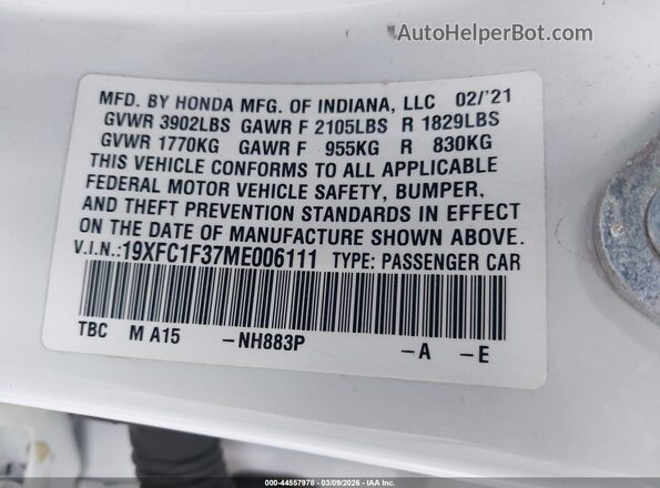 19XFC1F37ME006111 2021 HONDA CIVIC White Vista del compartimento del motor
