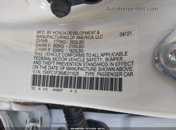 19XFC1F38ME011625 2021 HONDA CIVIC Белый Вид подкапотного пространства