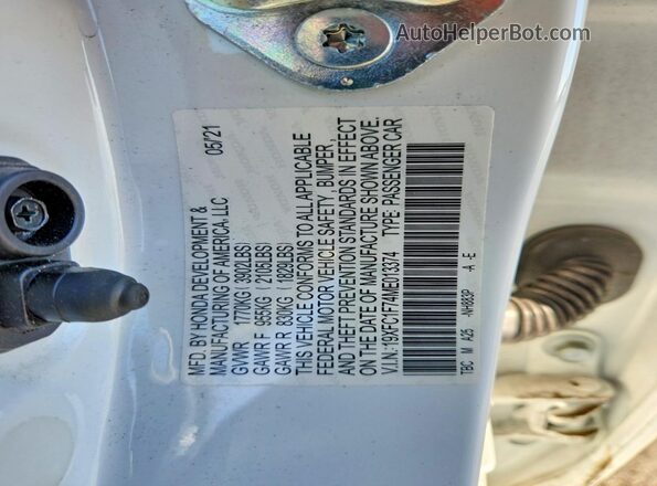 19XFC1F74ME013374 2021 HONDA CIVIC White Vista del compartimento del motor