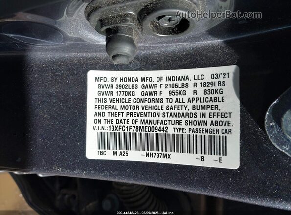 19XFC1F78ME009442 2021 HONDA CIVIC Gray Շարժիչի բաժամունքի տեսք