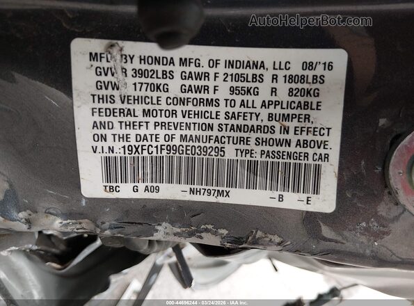 19XFC1F99GE039295 2016 HONDA CIVIC Gray Engine compartment view