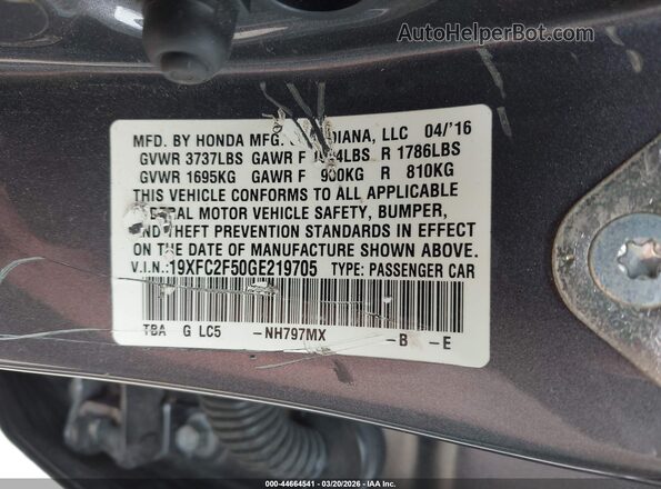 19XFC2F50GE219705 2016 HONDA CIVIC Gray ძრავის განყოფილების ხედი