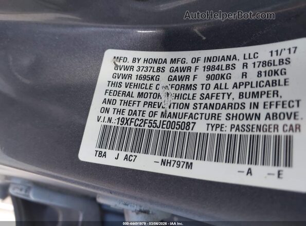 19XFC2F55JE005087 2018 HONDA CIVIC Gray Widok komory silnika