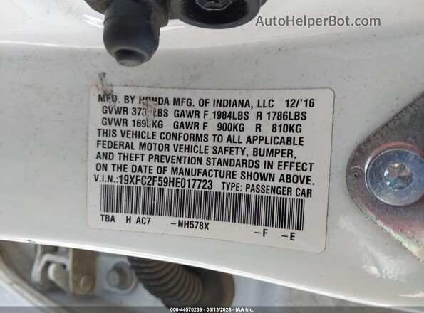 19XFC2F59HE017723 2017 HONDA CIVIC White Вид підкапотного простору