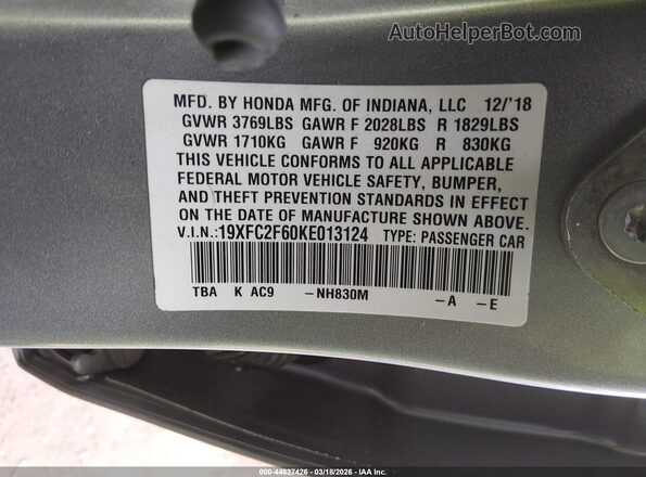 19XFC2F60KE013124 2019 HONDA CIVIC Gray 