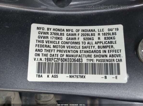 19XFC2F60KE036483 2019 HONDA CIVIC Gray Շարժիչի բաժամունքի տեսք