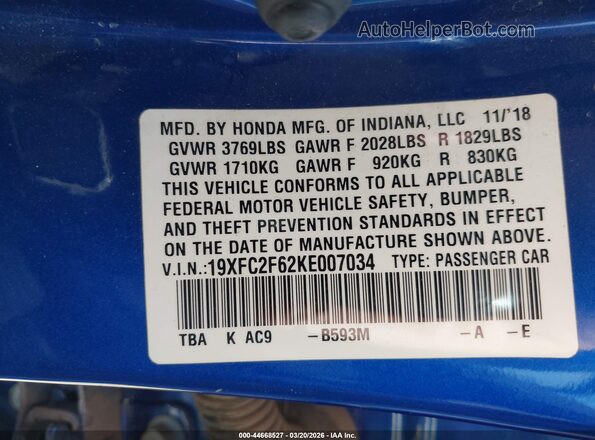19XFC2F62KE007034 2019 HONDA CIVIC Dark Blue Widok komory silnika