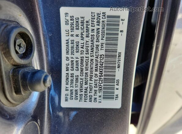 19XFC2F64KE042125 2019 HONDA CIVIC Gray 