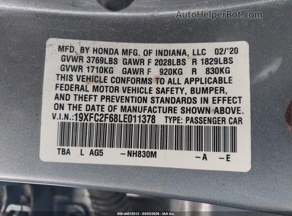 19XFC2F68LE011378 2020 HONDA CIVIC Silver Вид підкапотного простору
