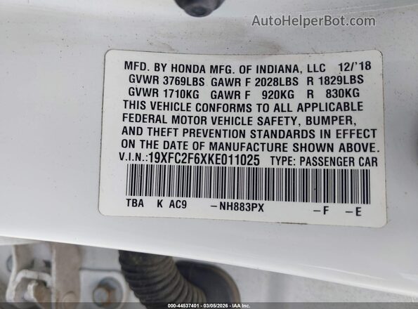 19XFC2F6XKE011025 2019 HONDA CIVIC Белый Вид подкапотного пространства