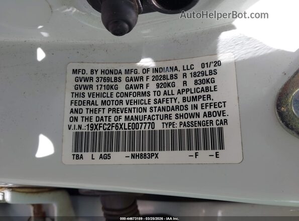 19XFC2F6XLE007770 2020 HONDA CIVIC White Շարժիչի բաժամունքի տեսք