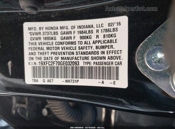 19XFC2F70GE032093 2016 HONDA CIVIC Black Vista del compartimento del motor