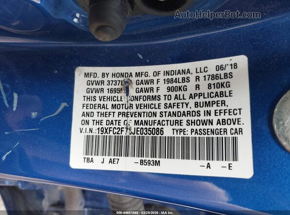 19XFC2F78JE035086 2018 HONDA CIVIC Blue 