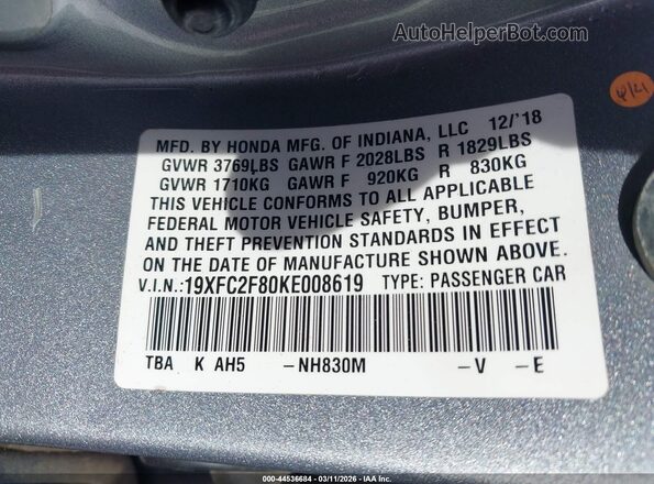 19XFC2F80KE008619 2019 HONDA CIVIC Silver Շարժիչի բաժամունքի տեսք