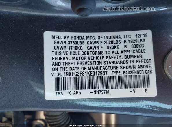 19XFC2F81KE012937 2019 HONDA CIVIC Gray 