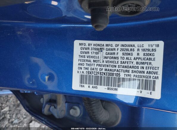 19XFC2F82KE008105 2019 HONDA CIVIC Blue Engine compartment view