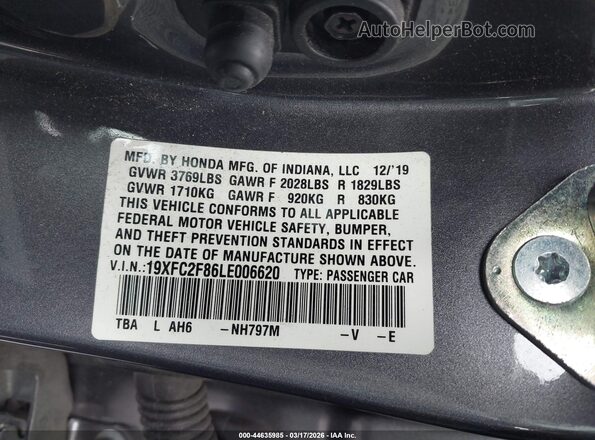19XFC2F86LE006620 2020 HONDA CIVIC Gray Շարժիչի բաժամունքի տեսք