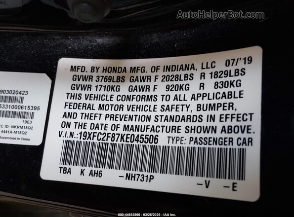 19XFC2F87KE045506 2019 HONDA CIVIC Black 