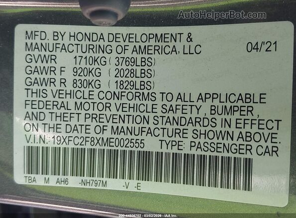 19XFC2F8XME002555 2021 HONDA CIVIC Gray Vista del compartimento del motor