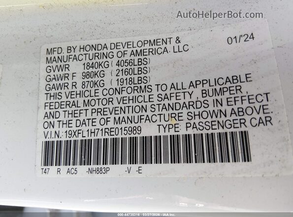 19XFL1H71RE015989 2024 HONDA CIVIC White Շարժիչի բաժամունքի տեսք