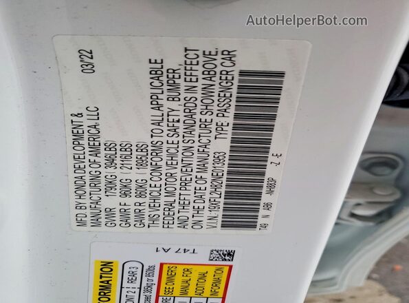 19XFL2H82NE013953 2022 HONDA CIVIC White VIN კოდის სტიკერის ხედი
