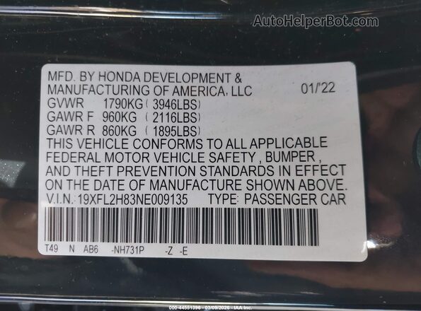 19XFL2H83NE009135 2022 HONDA CIVIC Black Engine compartment view