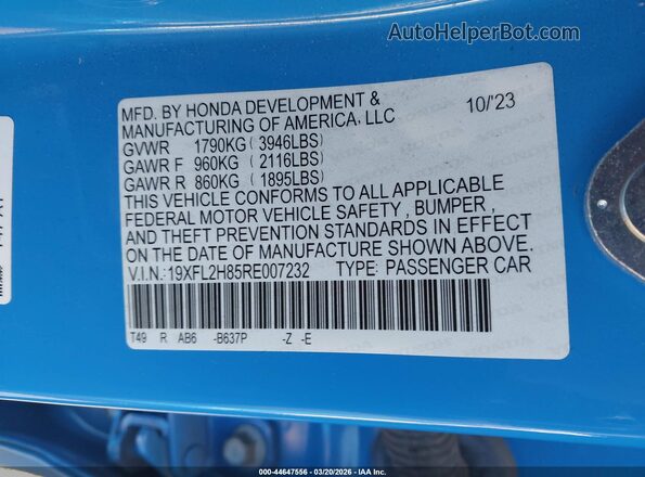 19XFL2H85RE007232 2024 HONDA CIVIC Blue ძრავის განყოფილების ხედი