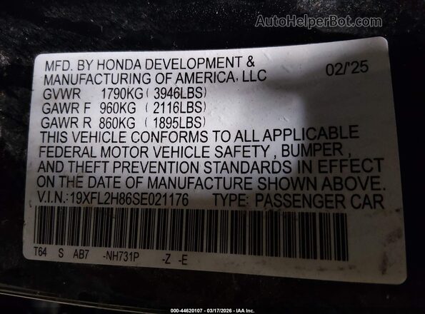 19XFL2H86SE021176 2025 HONDA CIVIC Black Շարժիչի բաժամունքի տեսք