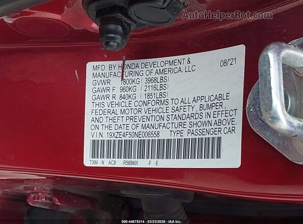 19XZE4F50NE006558 2022 HONDA INSIGHT Red Вид підкапотного простору