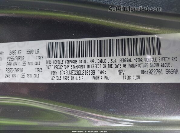 1C4BJWEG3GL216139 2016 JEEP WRANGLER UNLIMITED Gray ძრავის განყოფილების ხედი