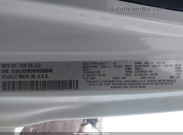 1C4HJXEM5MW598948 2021 JEEP WRANGLER UNLIMITED White Շարժիչի բաժամունքի տեսք