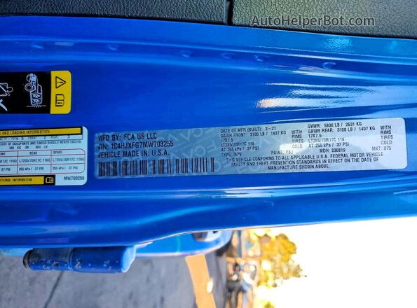 1C4HJXFG7MW703255 2021 JEEP WRANGLER Blue VIN sticker view