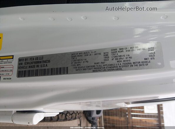1C4HJXFN9MW794236 2021 JEEP WRANGLER UNLIMITED White ძრავის განყოფილების ხედი
