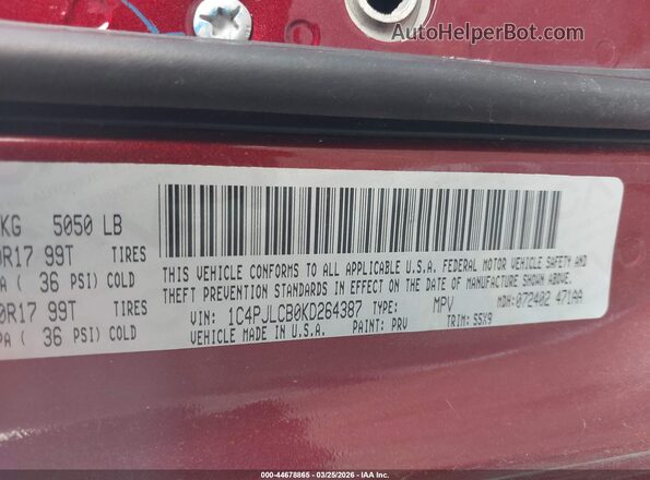 1C4PJLCB0KD264387 2019 JEEP CHEROKEE Maroon Вид підкапотного простору
