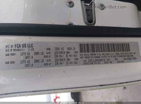1C4PJLLB4KD392714 2019 JEEP CHEROKEE Белый Вид подкапотного пространства