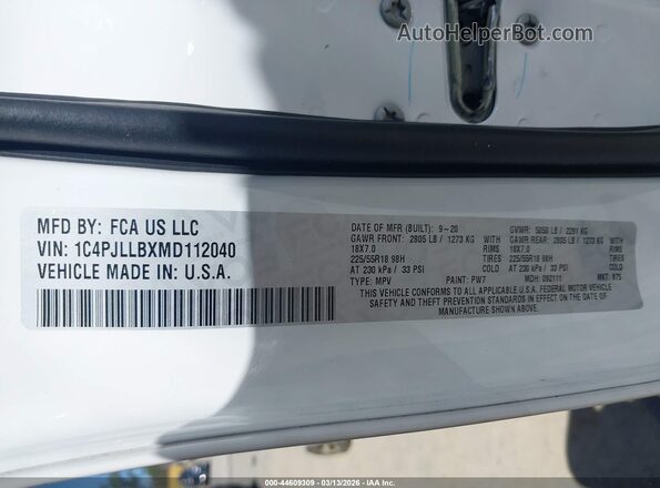 1C4PJLLBXMD112040 2021 JEEP CHEROKEE White Вид підкапотного простору