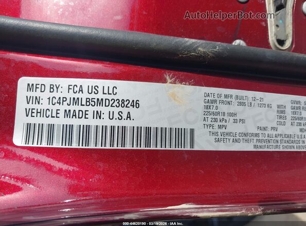 1C4PJMLB5MD238246 2021 JEEP CHEROKEE Red Вид підкапотного простору