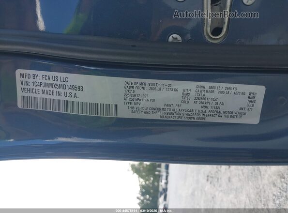 1C4PJMMX5MD149593 2021 JEEP CHEROKEE Blue Вид підкапотного простору