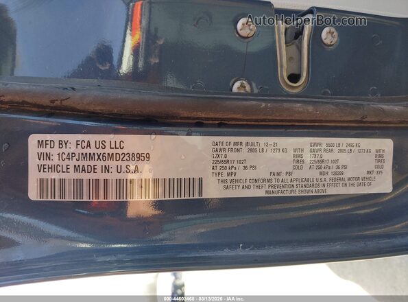 1C4PJMMX6MD238959 2021 JEEP CHEROKEE Blue ძრავის განყოფილების ხედი