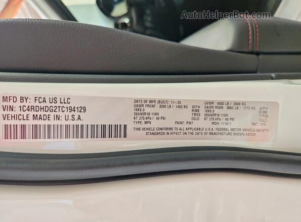 1C4RDHDG2TC194129 2026 DODGE DURANGO Белый Вид наклейки с VIN-кодом