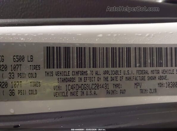 1C4RDHDG9LC204431 2020 DODGE DURANGO White Engine compartment view