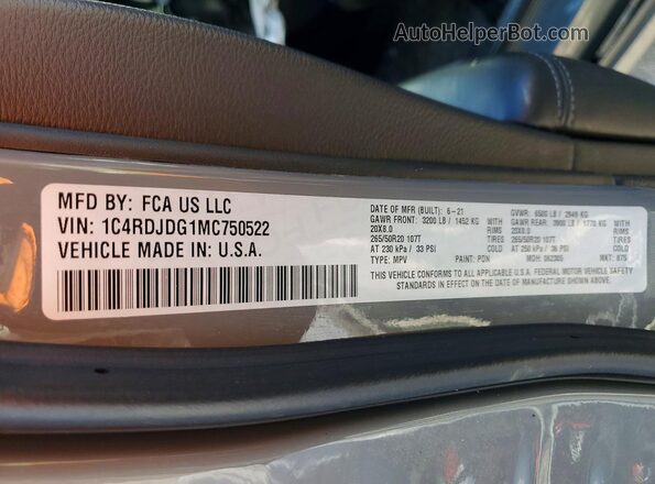 1C4RDJDG1MC750522 2021 DODGE DURANGO Gray VIN კოდის სტიკერის ხედი