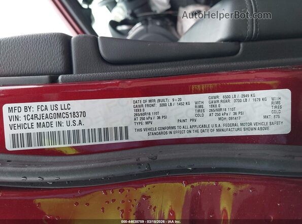 1C4RJEAG0MC518370 2021 JEEP GRAND CHEROKEE Maroon ძრავის განყოფილების ხედი
