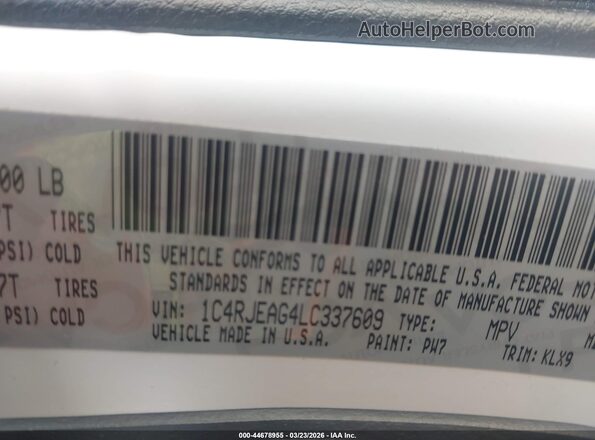 1C4RJEAG4LC337609 2020 JEEP GRAND CHEROKEE White Вид підкапотного простору