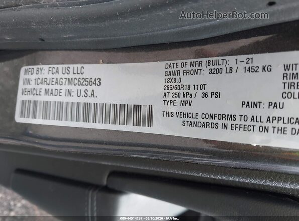 1C4RJEAG7MC625643 2021 JEEP GRAND CHEROKEE Gray Vista del compartimento del motor