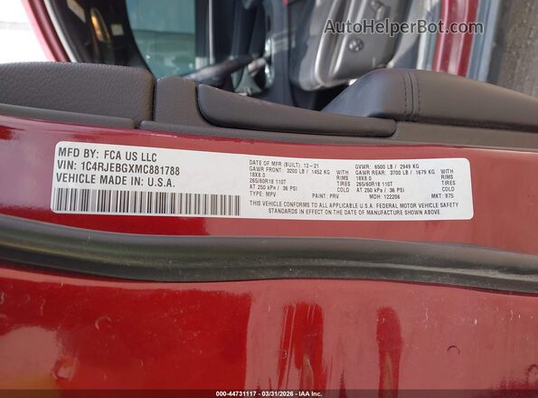 1C4RJEBGXMC881788 2021 JEEP GRAND CHEROKEE Maroon Widok komory silnika