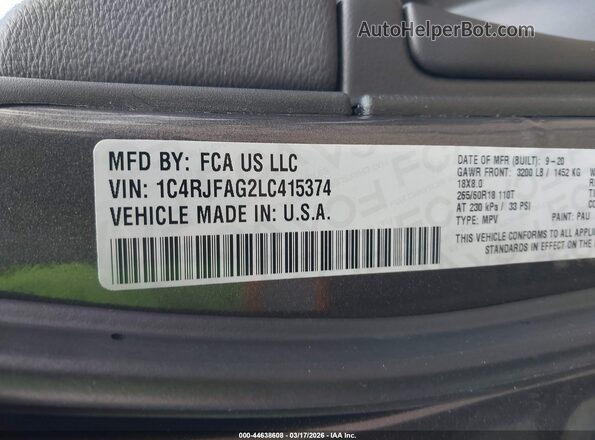 1C4RJFAG2LC415374 2020 JEEP GRAND CHEROKEE Gray Вид підкапотного простору